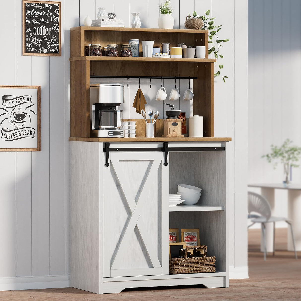 BestHaped Farmhouse Coffee Bar Cabinet with 3 Tier Storage Hutch, 56 Inch Coffee Bar with 6 Hooks, White Small Coffee Station Coffee Bar Table with Adjustable Shelves for Living Dining Room BestHaped