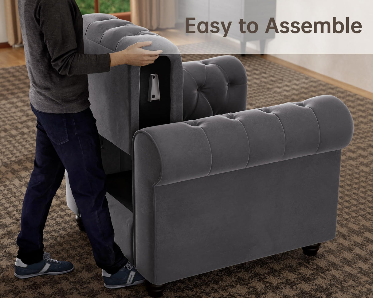 Morden Fort Classic Chesterfield Sofa Set 82'', Tufted Sofa Couch Set with Solid Wood Legs Thick Cushion, Pet-Friendly 3-Seater Sofas Couches for Living Room Bedroom Apartment - Velvet Grey Morden Fort