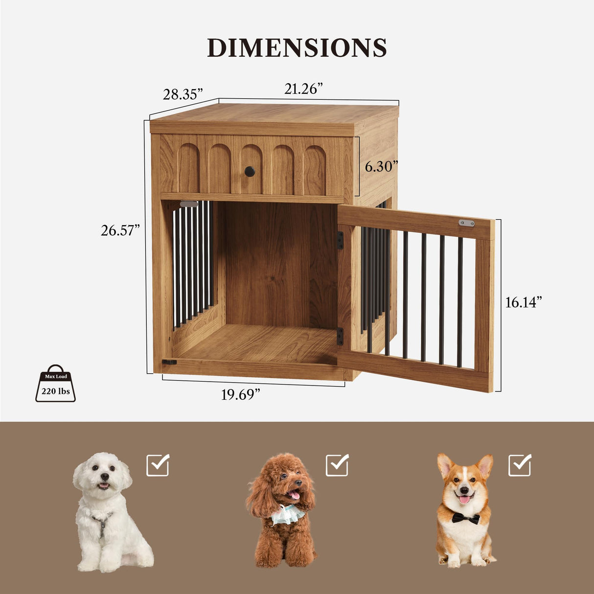 LIKEMET Dog Crate Furniture for Small Dogs, Wooden Dog Kennel with Drawer, Indoor Pet Crate End Table with 1.18-inch Tabletop, Decorative Pet Cage Dog House, Walnut LIKEMET