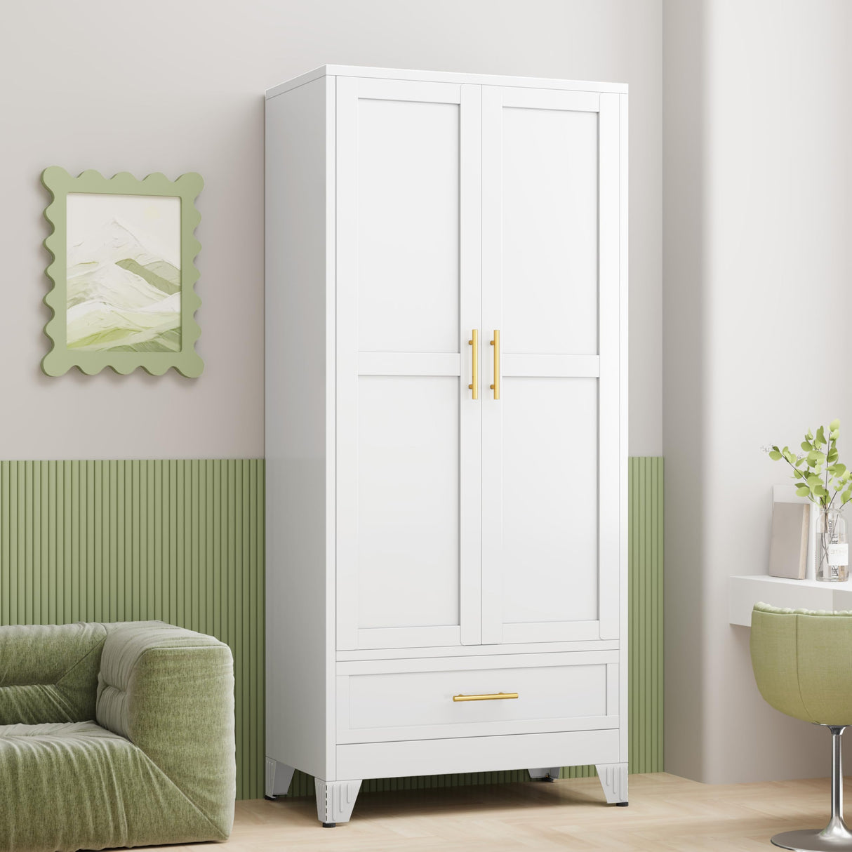 GAIOUS Steel Armoire Wardrobe Closet with 2 Doors, 71" Household Wardrobe Cabinet with Hanging Rod and Drawers, Metal Clothing Storage Cabinet with Adjustable Shelf for Bedroom, Cloak Room, Gym(White) GAIOUS