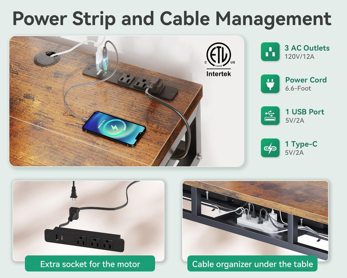AODK Electric Standing Desk with Drawers, Height Adjustable Desk with Power Outlets & LED Lights, Stand Up Desk with 3 Drawers, Sit Stand Home Office Desk Computer Workstation, 47 Inch AODK