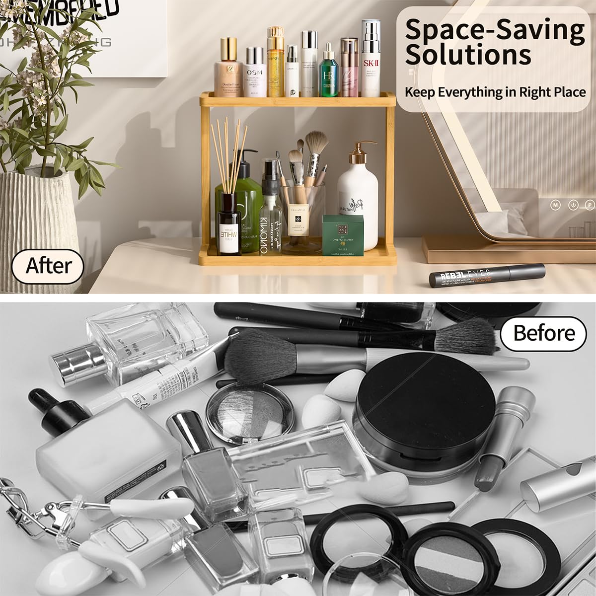 Bamboo Bathroom Organizer Countertop โ Small Vanity Storage Shelf for Makeup, Perfume, Skincare โ Natural Cosmetics Display Rack for Dresser, Sink, Kitchen โ 10.24"x8.46"x5.12" PEKER