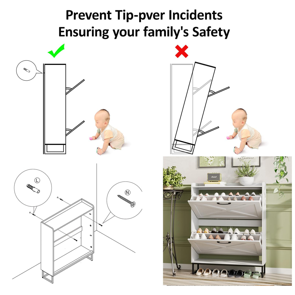 Maupvit Shoe Cabinet with 2 Flip Drawers, Freestanding Shoe Cabinet Organizer with Metal Legs, Shoes Storage Cabinet for Entryway, Narrow Shoe Rack Cabinet, White Maupvit