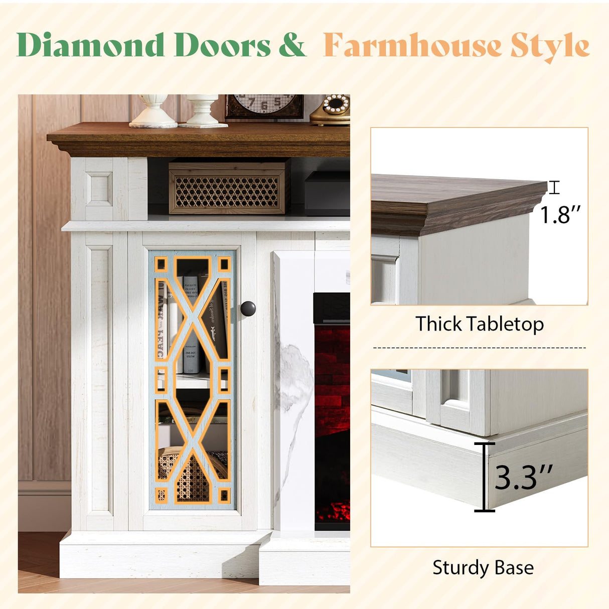AMERLIFE 70" Farmhouse Heavy Fireplace TV Stand with 33" Electric Fireplace, for 80" TVs up, Media Entertainment Center with Diamond Door, TV Console Storage Cabinet for Living Room, White & Barnwood AMERLIFE