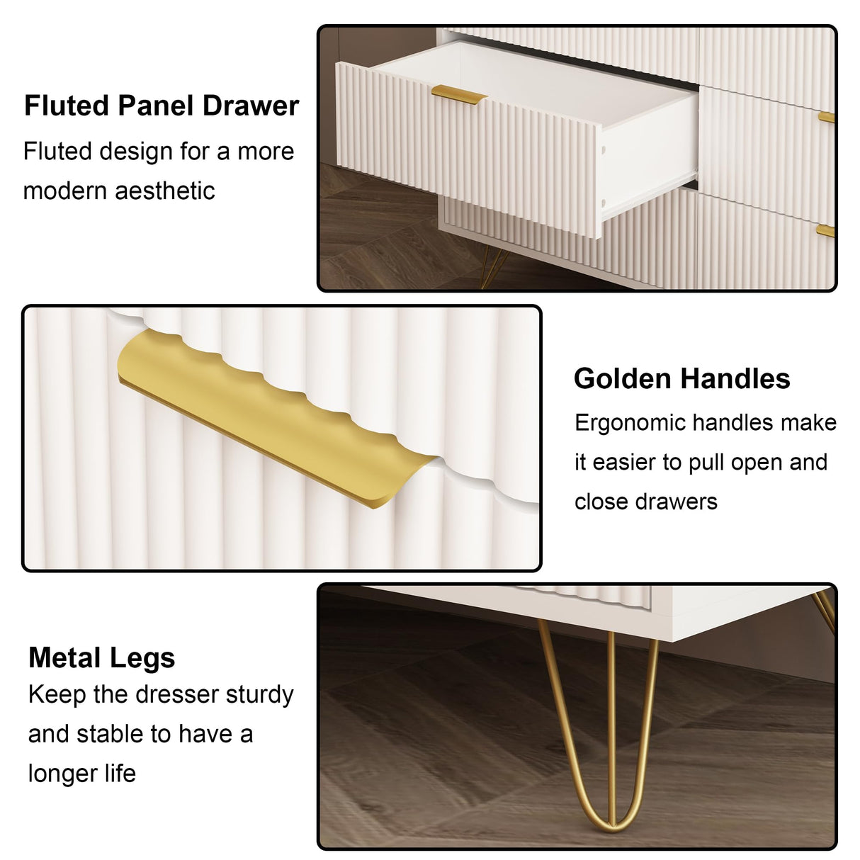 BAZELOR White 6 Drawer Dresser with Golden Handle, Fluted Wood Dressers, Modern Chest for Bedroom, Living Room, Hallway, Entryway BAZELOR