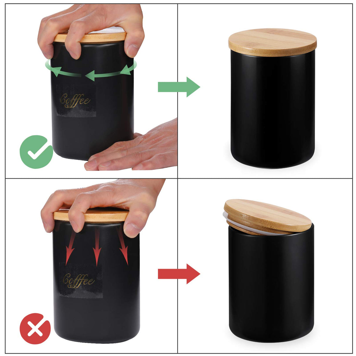 Yangbaga Black Canisters Sets for Kitchen-Set of 3 Coffee Canisters for Countertop with Airtight Wood Lids/Spoons/Stickers, Ceramic Food Storage Containers for Large Suger,Coffee,Tea (42/30/9OZ) Yangbaga