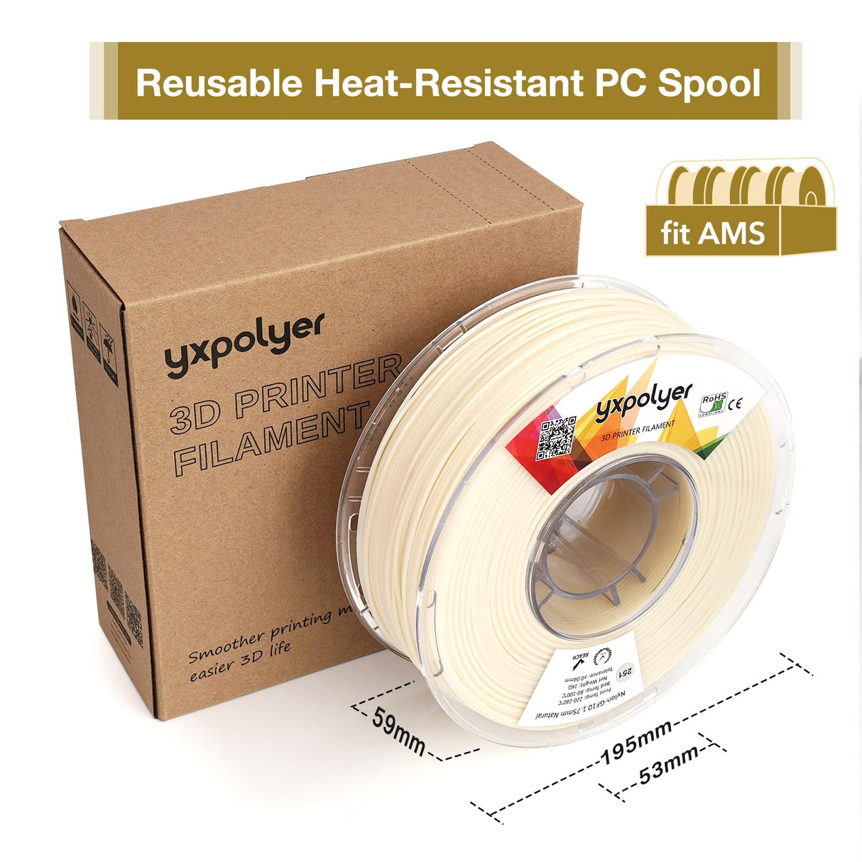 Nylon Glass Filled Filament Nylon Glass Fiber 3D Printer Filament PA6-GF 1kg with AMS-Compatible Reusable PC Spool, Dyable Nautre White (Nature White) yxpolyer