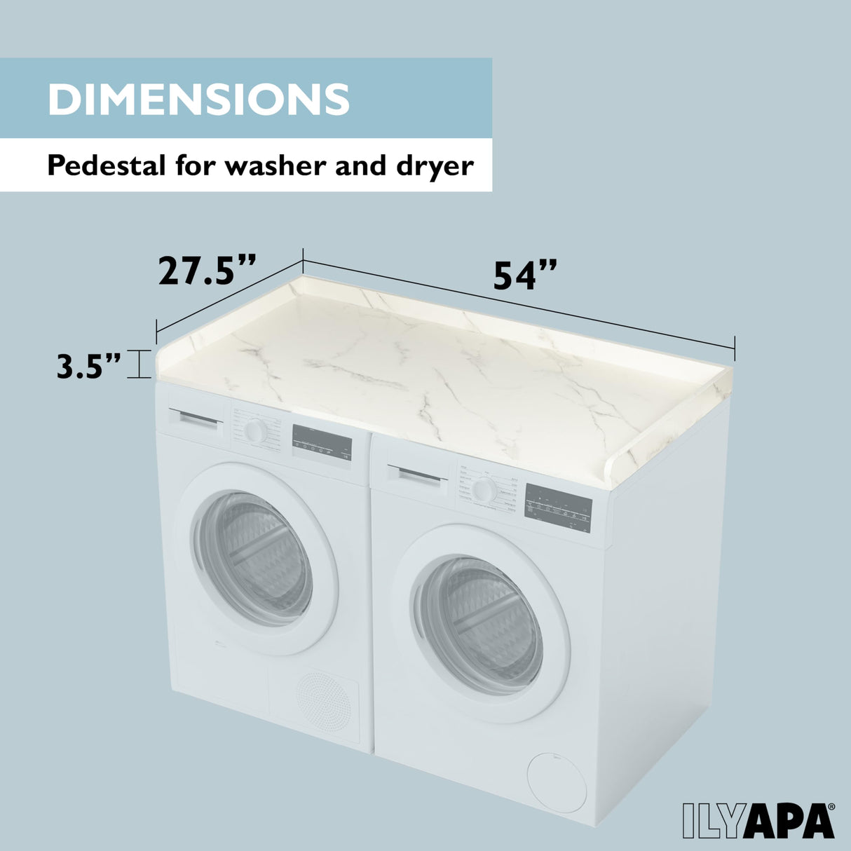 Ilyapa Washer Dryer Countertop - 27.5 x 54 inch Laundry Countertop, Washer and Dryer Covers for The Top, Laundry Room Organization and Storage, Carrera Marble High Pressure Laminate with Backsplash Ilyapa