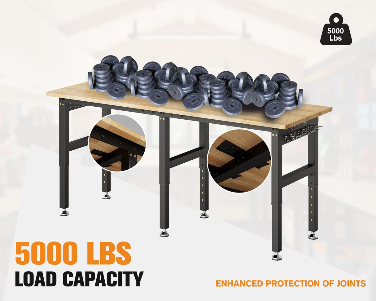 SPECRAFT 96“ Adjustable Heavy Duty Workbench with 4 AC Outlet and 2 USB Ports Power Outlets, 5000 Lbs Capacity, Rubber Wood Top for Garage, Workshop, Office SPECRAFT