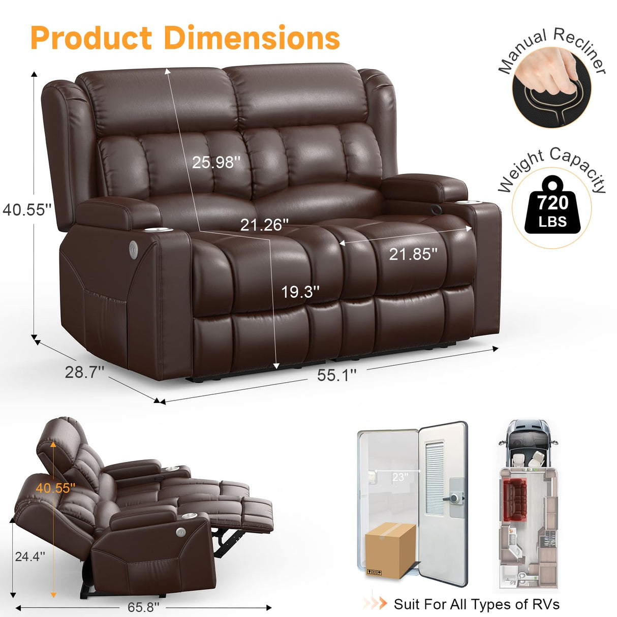 MisUMis RV Loveseat Recliner Sofa, Wall Hugger Reclining Loveseat RV Couch with USB Ports, Large Pockets, Cup Holders, 150° Adjustable RV Recliners Furniture for Travel Trailers & Home Theater Seating MisUMis