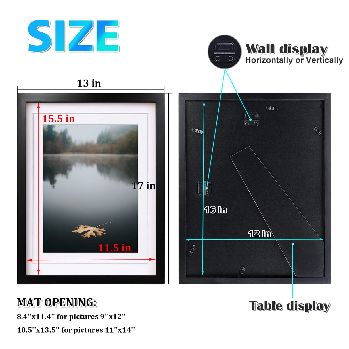 Egofine 12x16 Picture Frame Black Covered by Plexiglass Made of Solid Wood, Display Pictures 9x12 and 11x14 with Mat or 12x16 Without Mat for Table Top and Wall Mounting Egofine