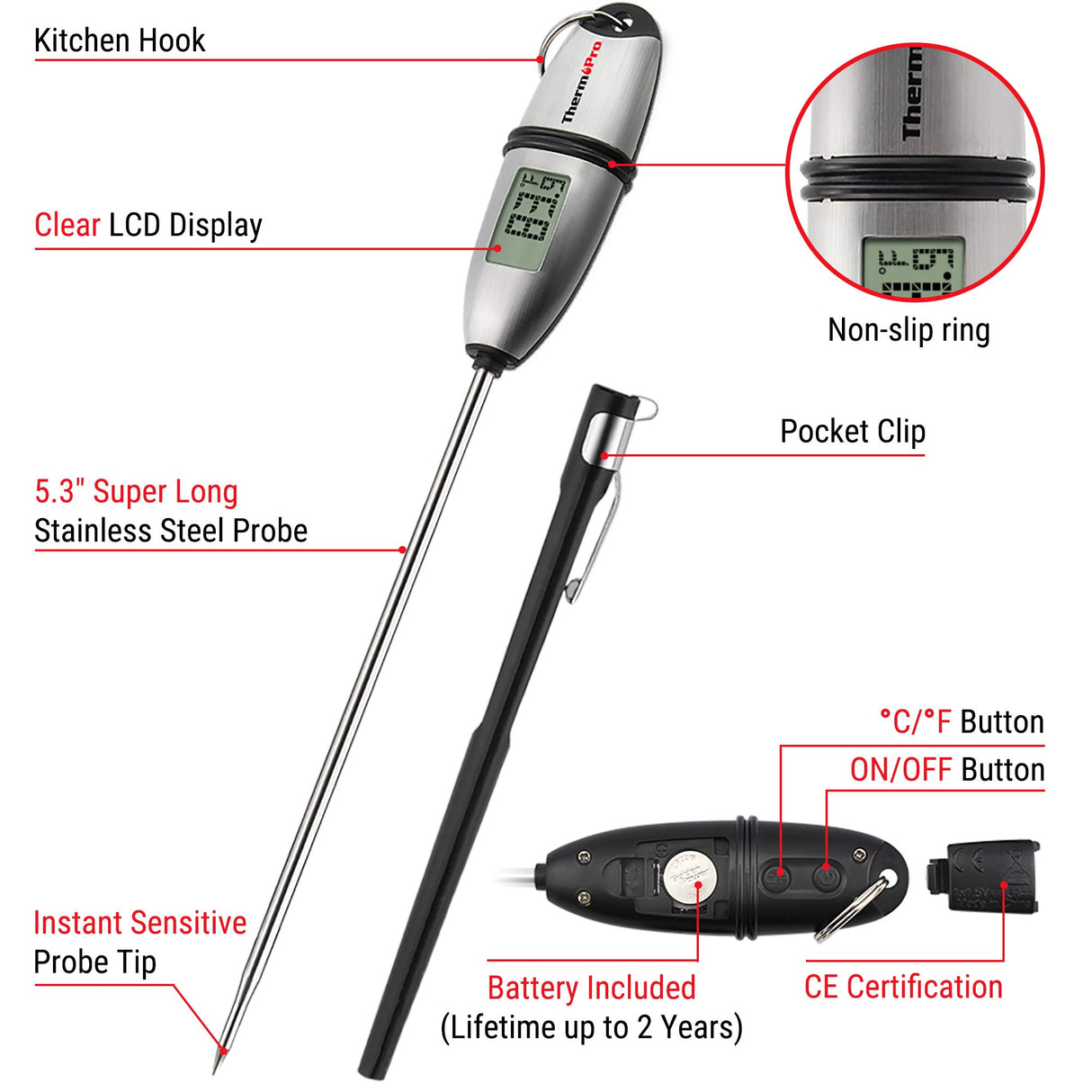 ThermoPro TP-02S Instant Read Meat Thermometer Digital Cooking Food Thermometer with Super Long Probe for Grill Candy Kitchen BBQ Smoker Oven Oil Milk Yogurt Temperature ThermoPro