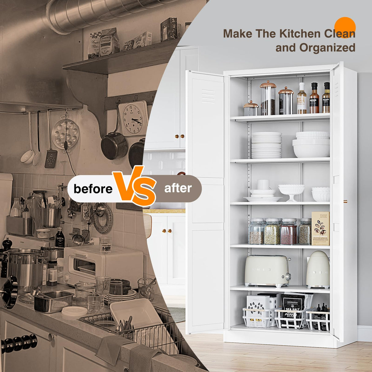 Yizosh Metal Storage Cabinet with 2 Doors and 5 Adjustable Shelves - 71" White Kitchen Pantry Storage Cabinet, 5-Tier Tall Steel Cabinet Locker for Kitchen, Living Room, Dining Room Yizosh