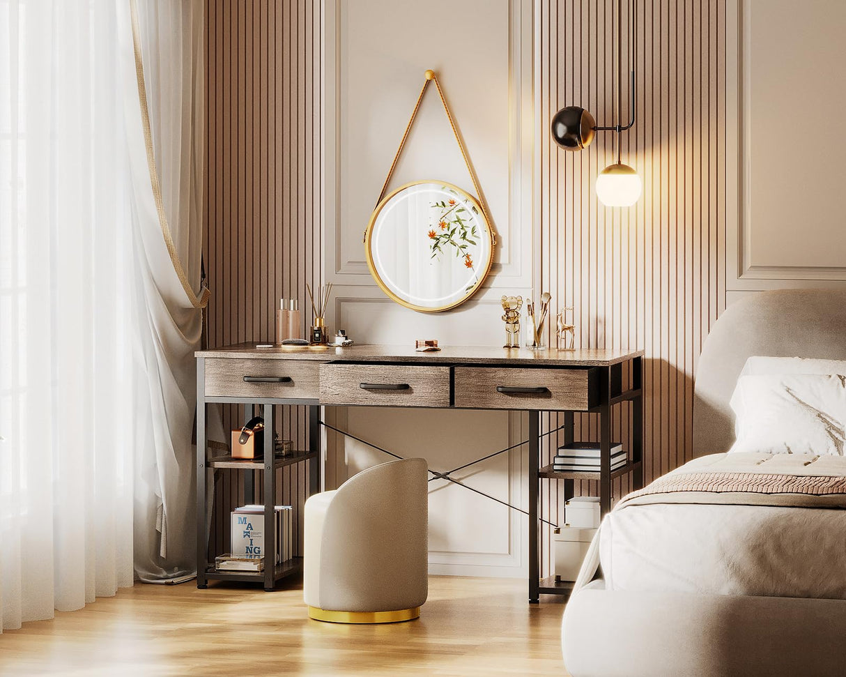 ODK Office Small Computer Desk: Home Table with Fabric Drawers & Storage Shelves, Modern Writing Desk, Grey Oak, 48"x16" ODK