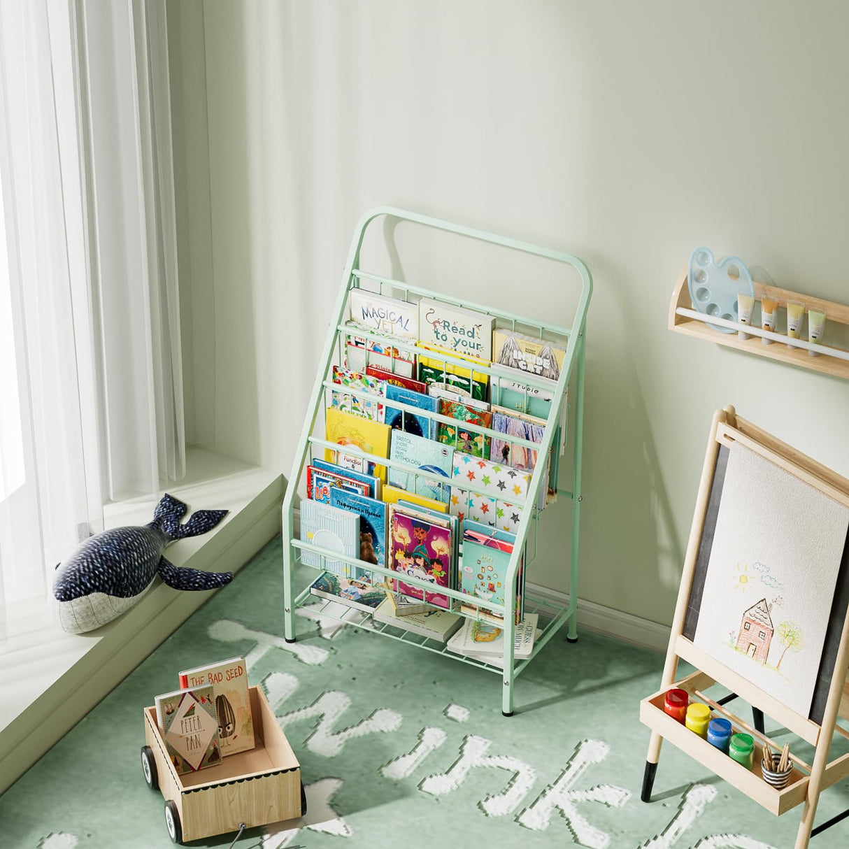 JAQ Kid Bookshelf, 4-Tier Metal Sling Kids Display Bookshelves Bookcase with Toy Storage in Baby Corner Library Room Classroom Playroom for Toddlers Nursery Children (4-tier/28.35inch, Green) JAQ