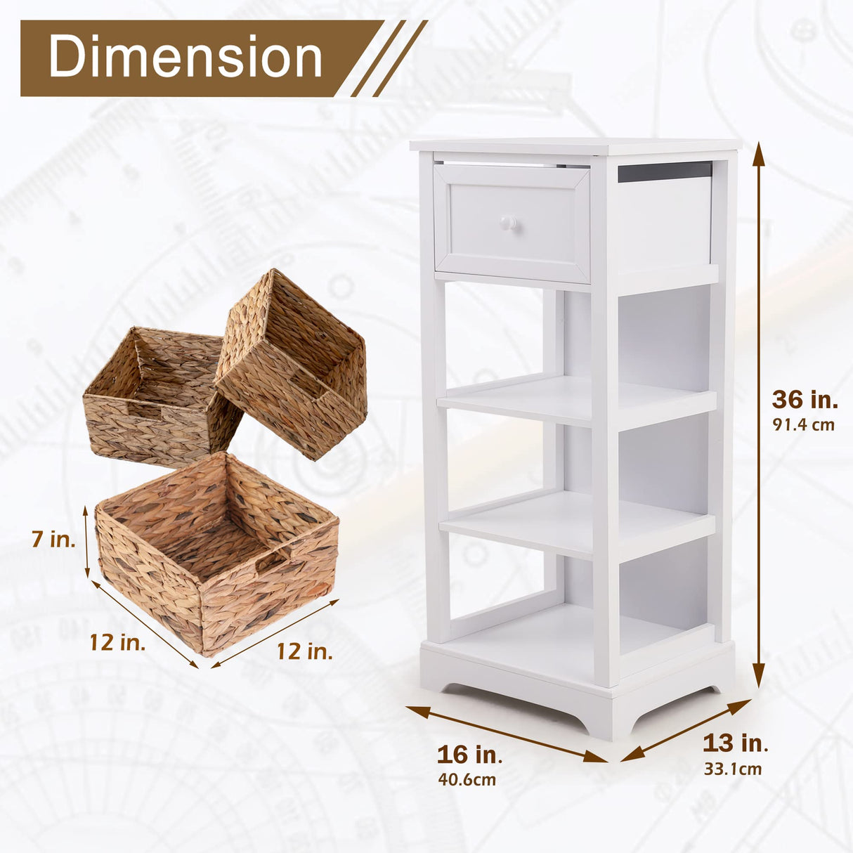 PHI VILLA Storage Cabinet with Baskets, Farmhouse Accent Cabinet Narrow Cabinet with Shelves for Bathroom Entryway Rattan Cabinet with Drawer End Table/Beside Table White PHI VILLA