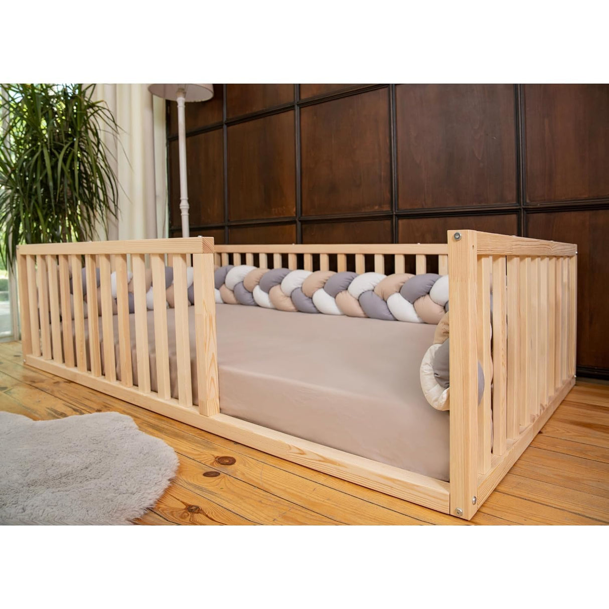 Montessori Floor Bed for Kids 52x27,5'' | Toodlers Floor Bed with Safety Guardrails | Pine Wood Baby Bed | Sturdy Wood Frame Bed for Girls and Boys (Crib, Height : 17 Inches) wood and montessori