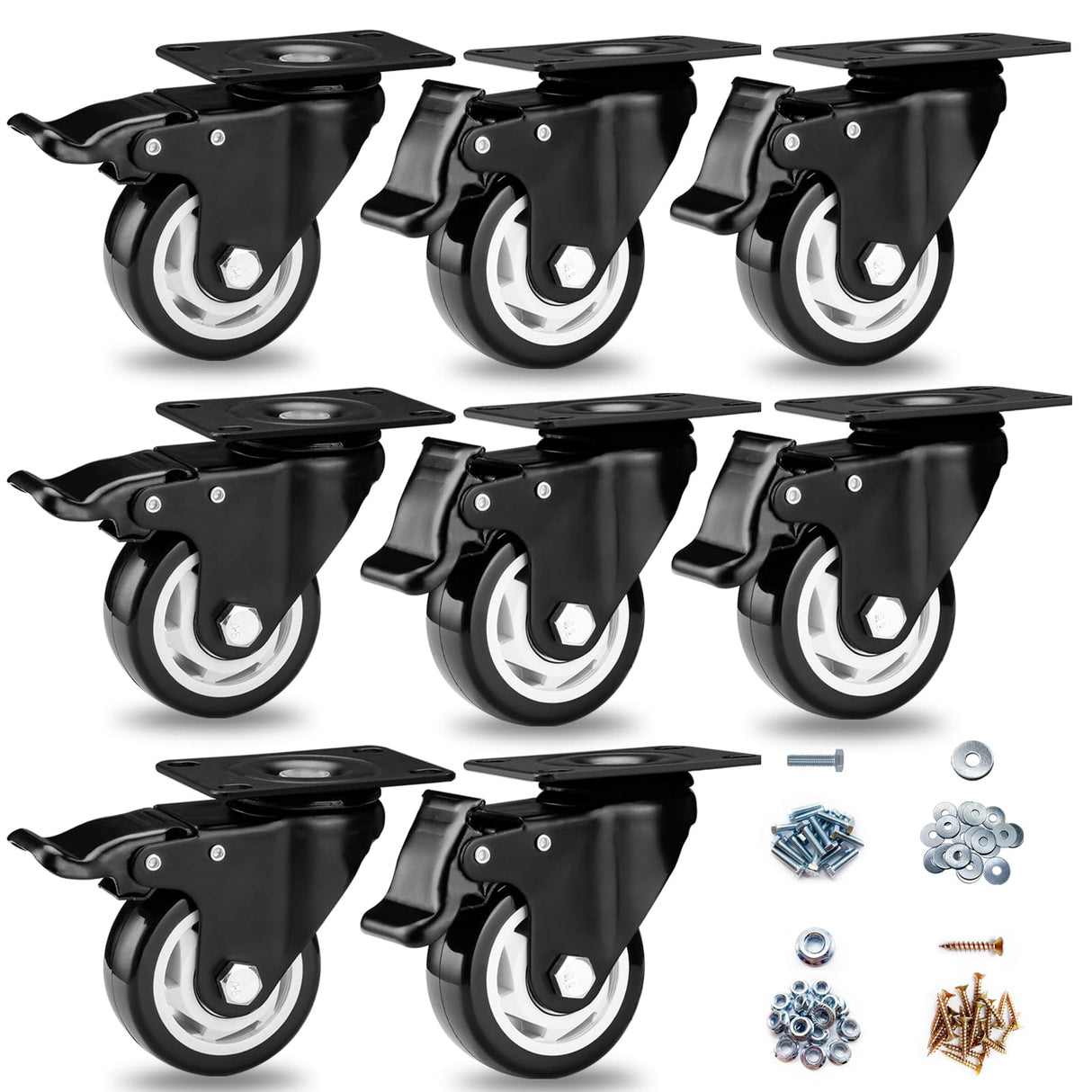 Caster Wheels - 3 Inch Casters Set of 8 Heavy Duty, BOSGEOT Locking Industrial Casters with 360 Degree No Noise Polyurethane Wheels, Swivel Plate Casters with Brake - Pack of 8 BOSGEOT