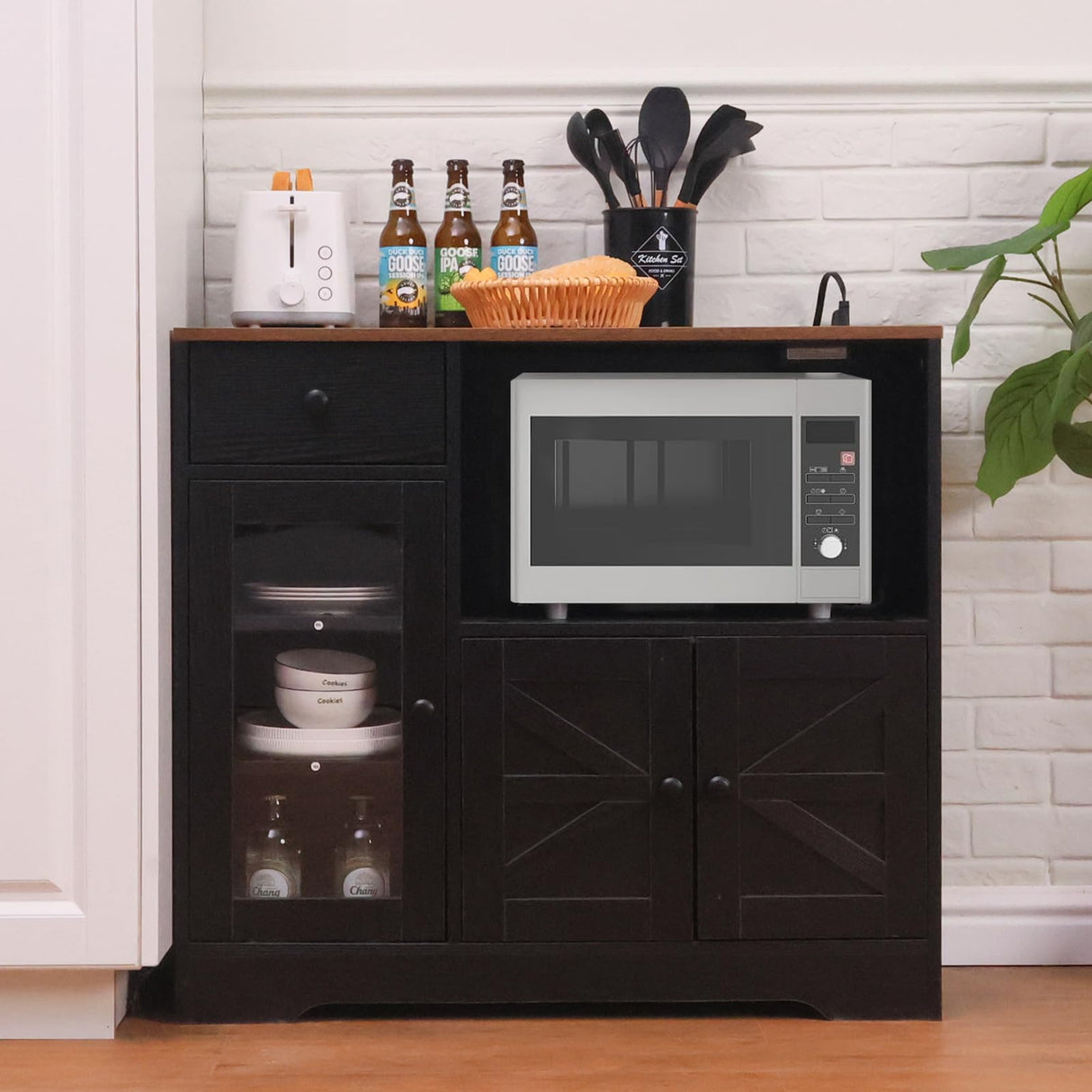 Walmokid Storage Cabinet with Power Outlet, 35" Modern Sideboard Buffet Cabinet w/Adjustable Shelf, Wooden Kitchen Cabinet with Open Shelves for Living Room, Dining Room, Kitchen, Black Walmokid