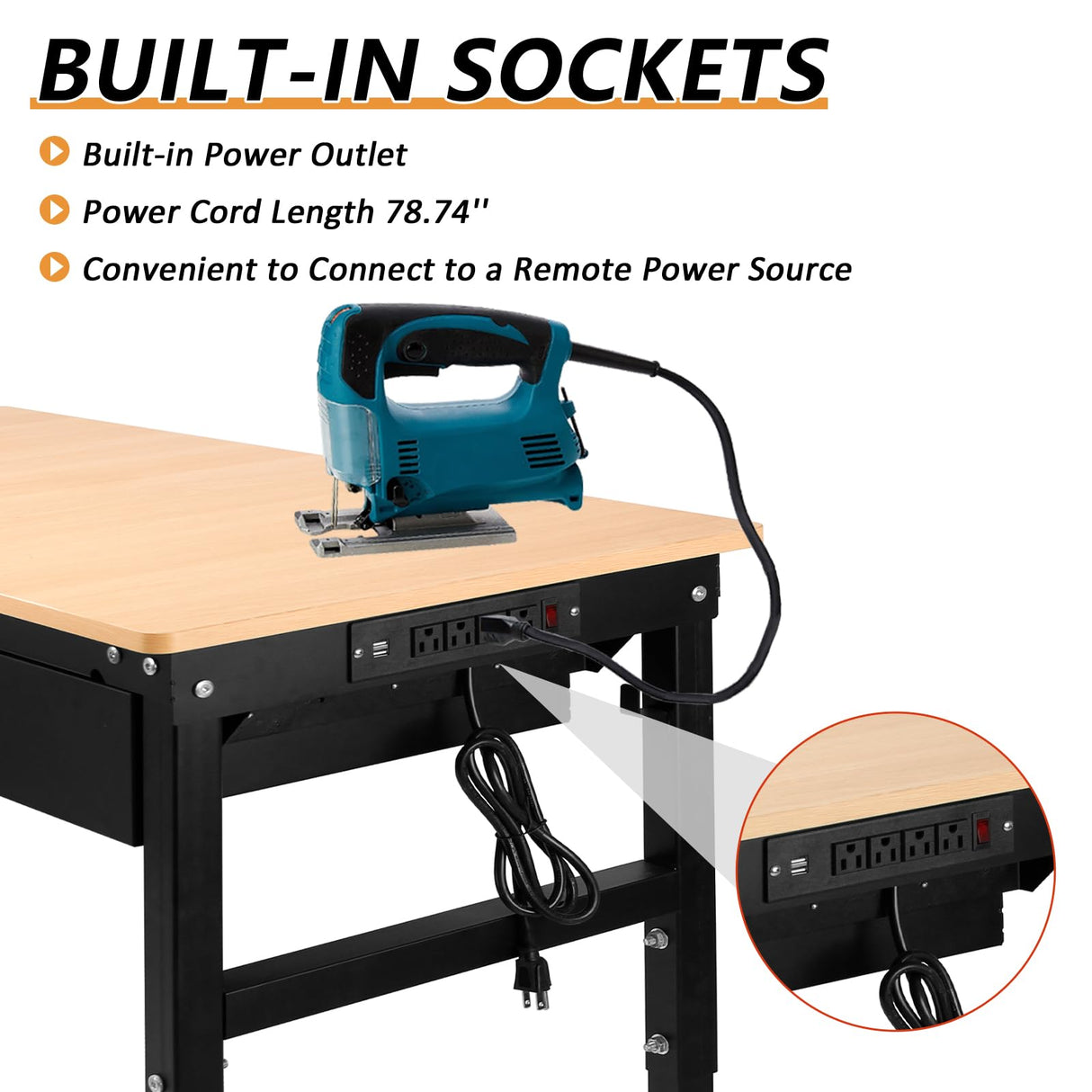 60'' Adjustable Workbench with Power Outlet,Workbenche with Drawer for Garage,2700 Lbs Capacity Hardwood Workbench,Heavy Duty Table for Workshop Office Home Commercial SGOLAN