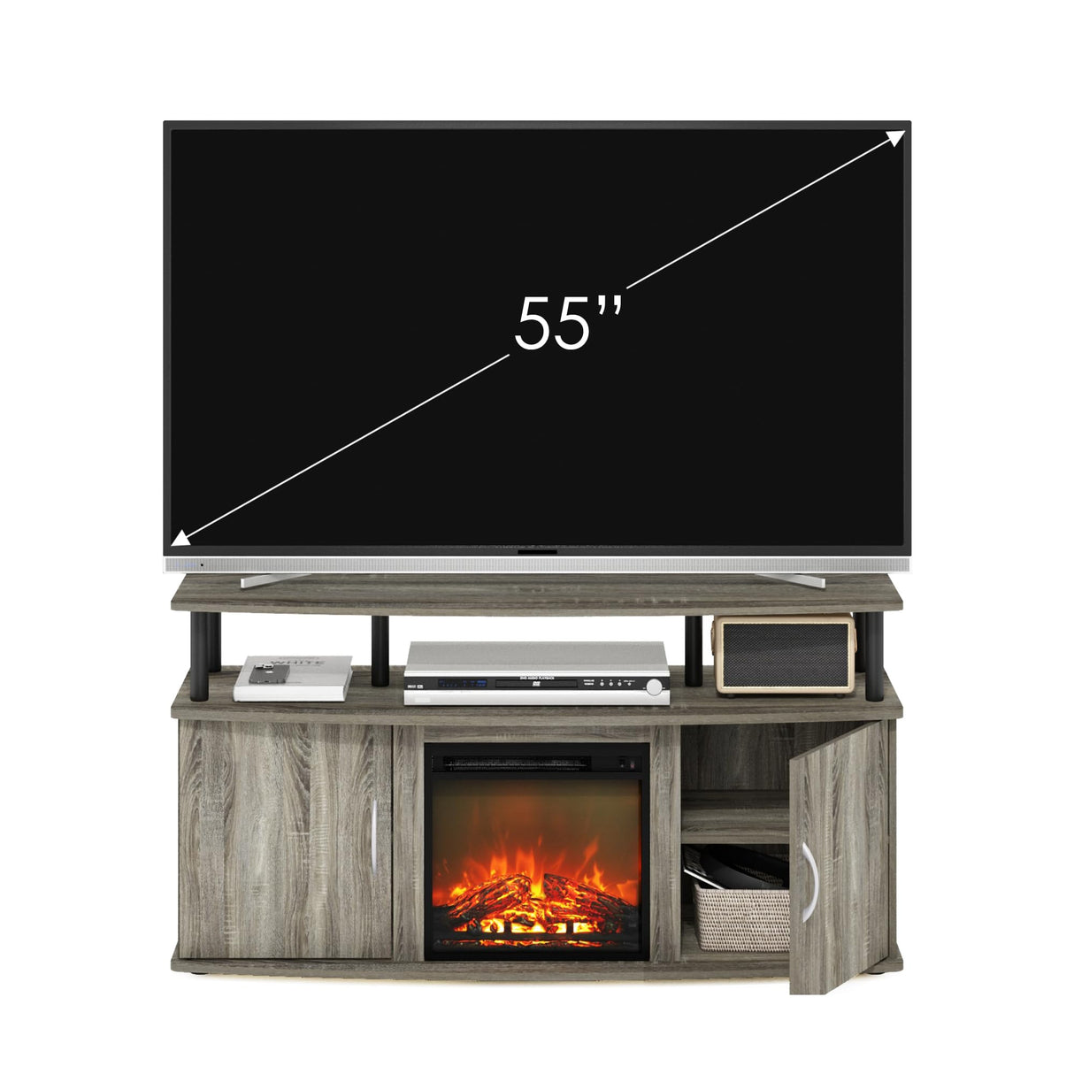 Furinno Jensen Living Room Fireplace TV Entertainment Center with Doors Storage Cabinet for TV up to 55 Inch, French Oak Grey/Black Furinno