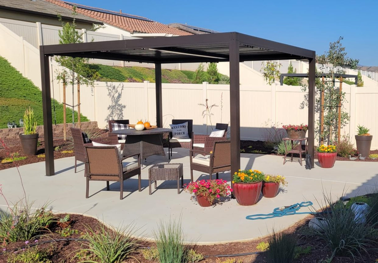 Domi Outdoor Living 10’ X 13’ Outdoor Louvered Pergola Aluminum Patio Garden Pergola with Adjustable Roof for Backyard, Garden w/Curtains and Netting (Dark Brown) domi outdoor living