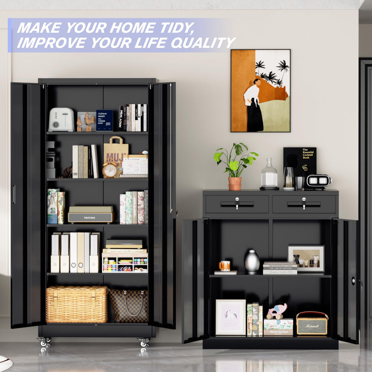 Pataku 73" Metal Storage Cabinet with Wheels, Garage Storage Cabinet with 4 Adjustable Shelves & Lockable Doors for Garage Home Office, Heavy Duty Tool Cabinets Pataku