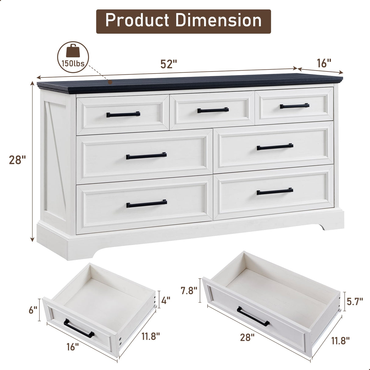 ACCOHOHO 7 Drawer Dresser, 52" Farmhouse Chest of Drawers for Bedroom, Wide Dresser TV Stand with Large Metal Handle, Modern Wood Drawer Organizer for Living Room, Hallway, Closet - White ACCOHOHO