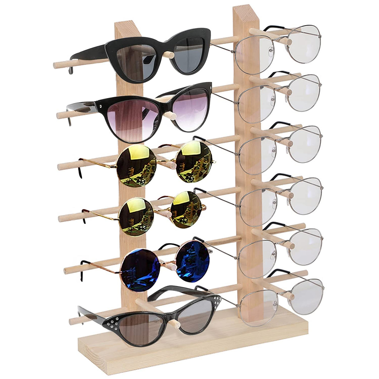 Wooden Sunglass Rack, 12 Pair Wood Sunglass Display Stand Frame Glasses Holder Organizer for Home or Glasses Shop Display,16.81 x 13.58 x 5.62 inches (6 Tier) Odowalker
