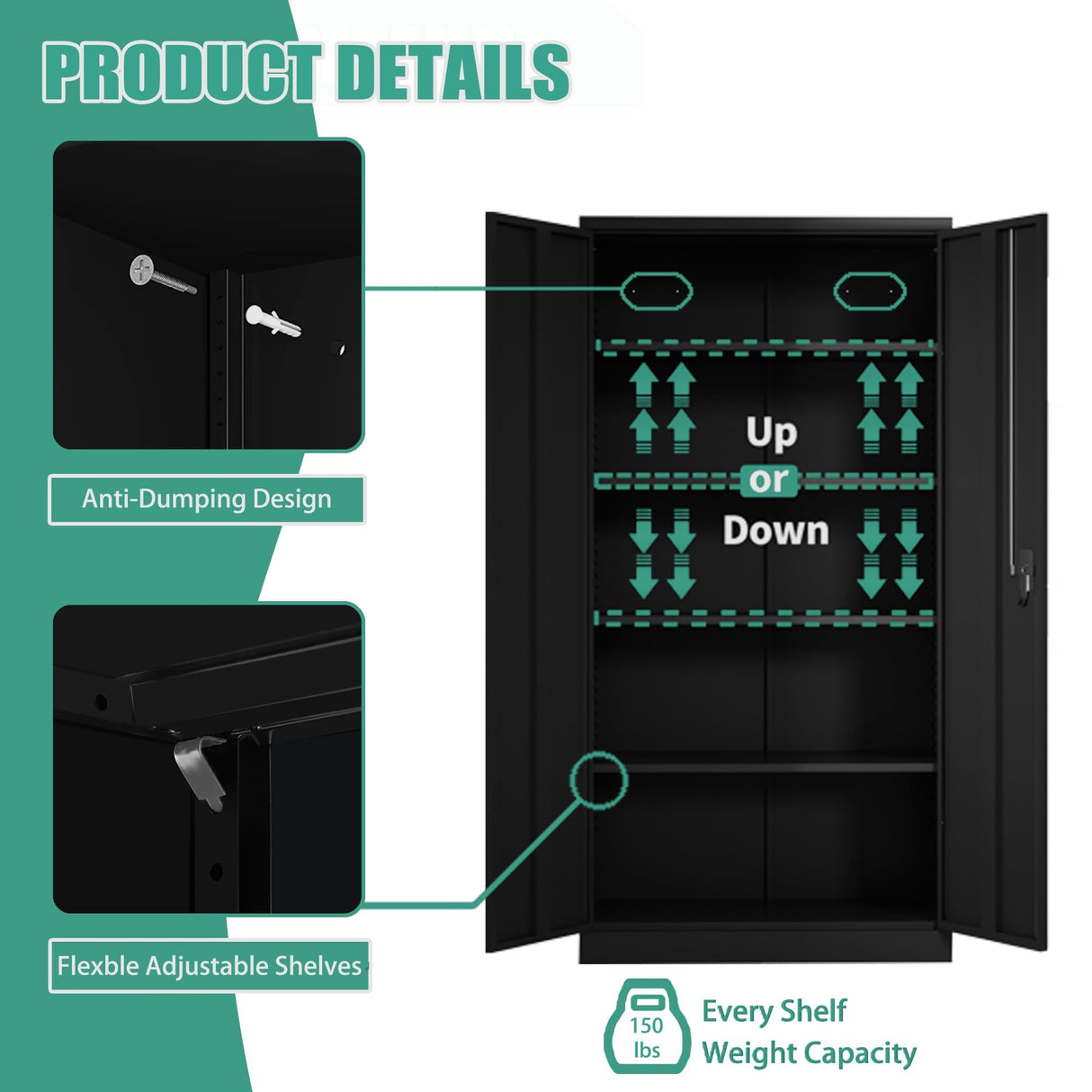 Waqiv Black Metal Storage Cabinet with Door, Locking Steel Cabinet with 4 Adjuestable Shelves, Tall Lockable Garage Tool Storage Cabinet for Home, Waqiv