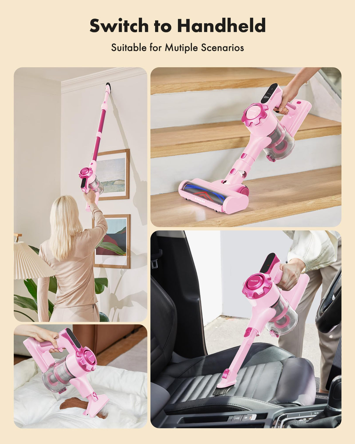Trucozie Cordless Vacuum Cleaner, 8-in-1 Lightweight Stick Vacuum with 45mins Runtime, Powerful Suction, Rechargeable Cordless Vacuum for Carpet, Tile, Pet Hair, Hardwood Floors, Pink Trucozie