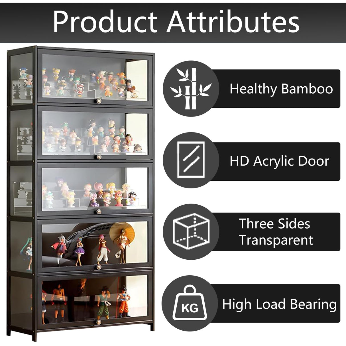 QOEUDD Curio Display Cabinet with Acrylic Glass Door, 5-Tier Tall Display Case, Curio Cabinet & Bookcase for Collectibles, Display Shelf for Home, Reading Nook, Playroom, Living Room QOEUDD