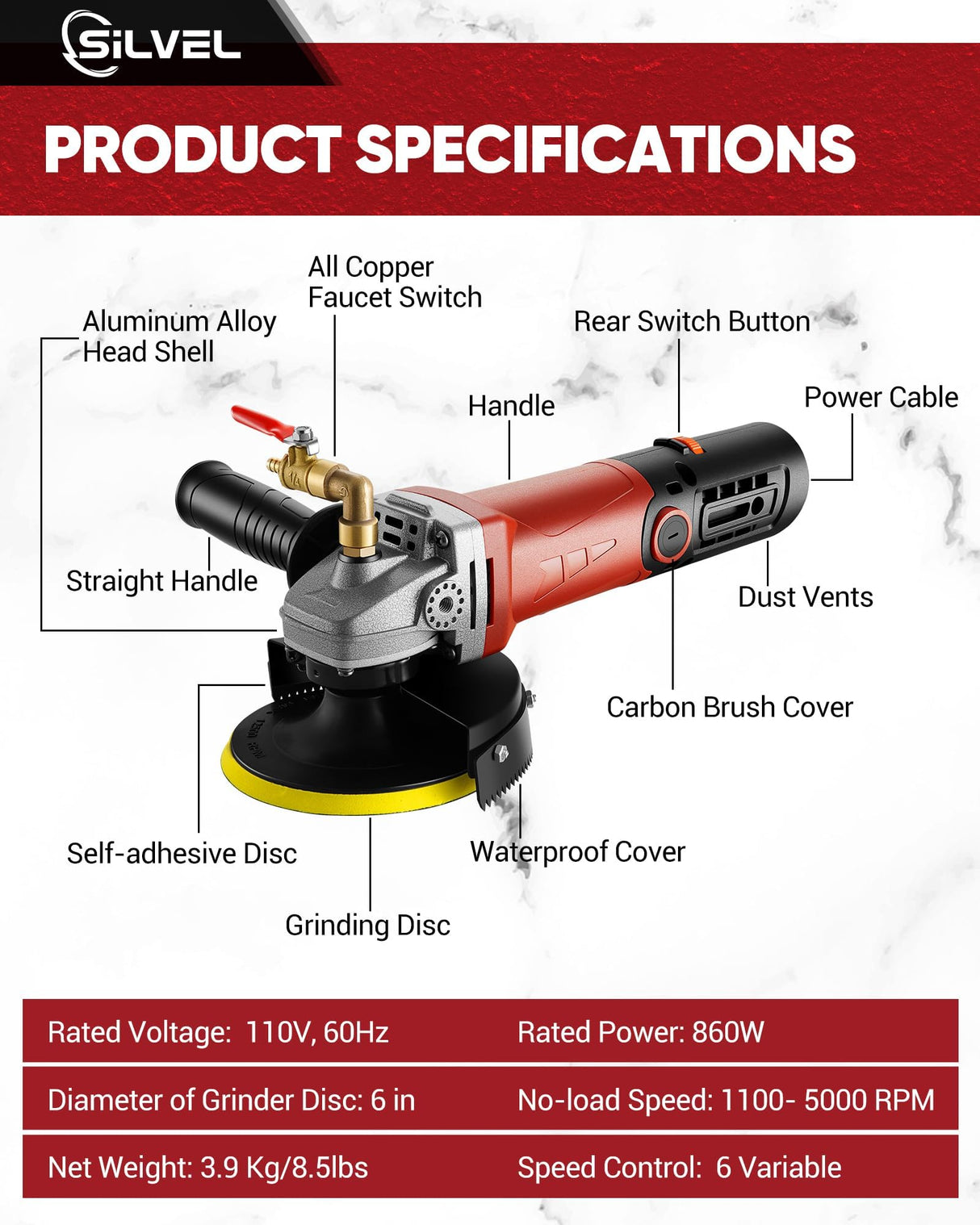 SILVEL 860W Wet Polisher, 4 inch Wet Stone Polisher with 6 Variable Speeds, 110V Granite Polisher with 7 Diamond Polishing Pads for Granite, Marble, Concrete, Stones SILVEL