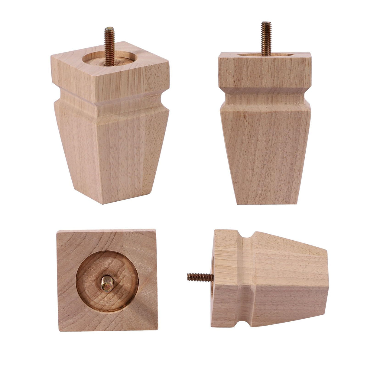 Square Wood Furniture Legs Set of 4 - Wooden Replacement Feet for Couch, Bed, Bench, Dresser, Rubber Wood Parts for Table, Sofa, Wooden Legs Chairs Complete with Installation Hardware, 4 inch Natural Texphw