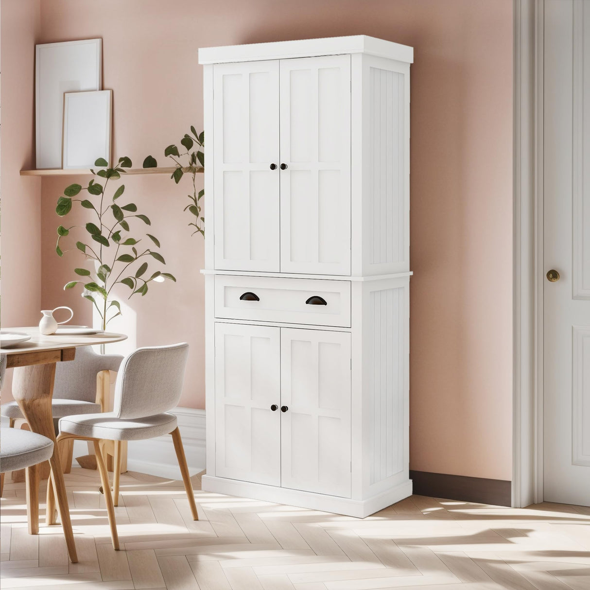 RASOO Kitchen Pantry Cabinet 72" Freestanding Pantry Storage Cabinet with Drawer and Adjustable Shelves Cupboard Buffet Cabinet,Bathroom or Hallway, White (Grid) RASOO