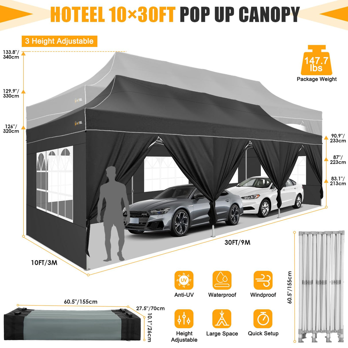 HOTEEL Tents for Parties 10x30 Pop Up Canopy Tent Heavy Duty with 8 Sidewalls, Commercial Party Tent Event Wedding Instant Canopy Waterproof with Carry Bag, UV 50+, Thicked Hexagonal Legs, Black Hoteel