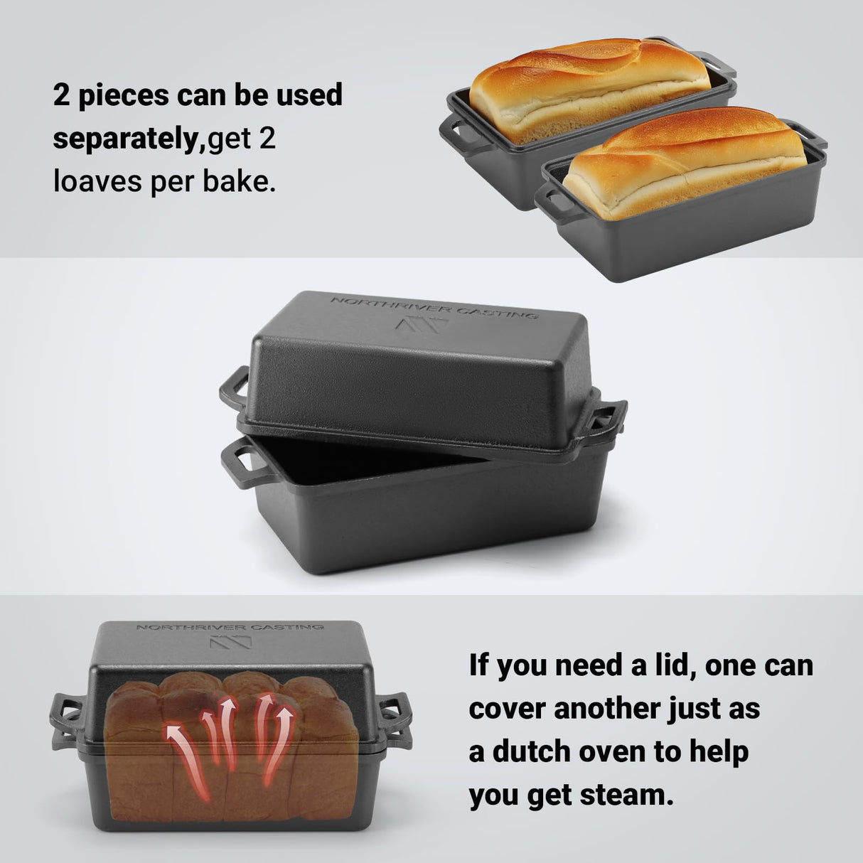 Northriver Casting 2 in 1 Cast Iron Bread Pan with Lid, Loaf Pans 2 Piece Set for Baking Homemade Meatloaf, 9×5 Inch Northriver Casting