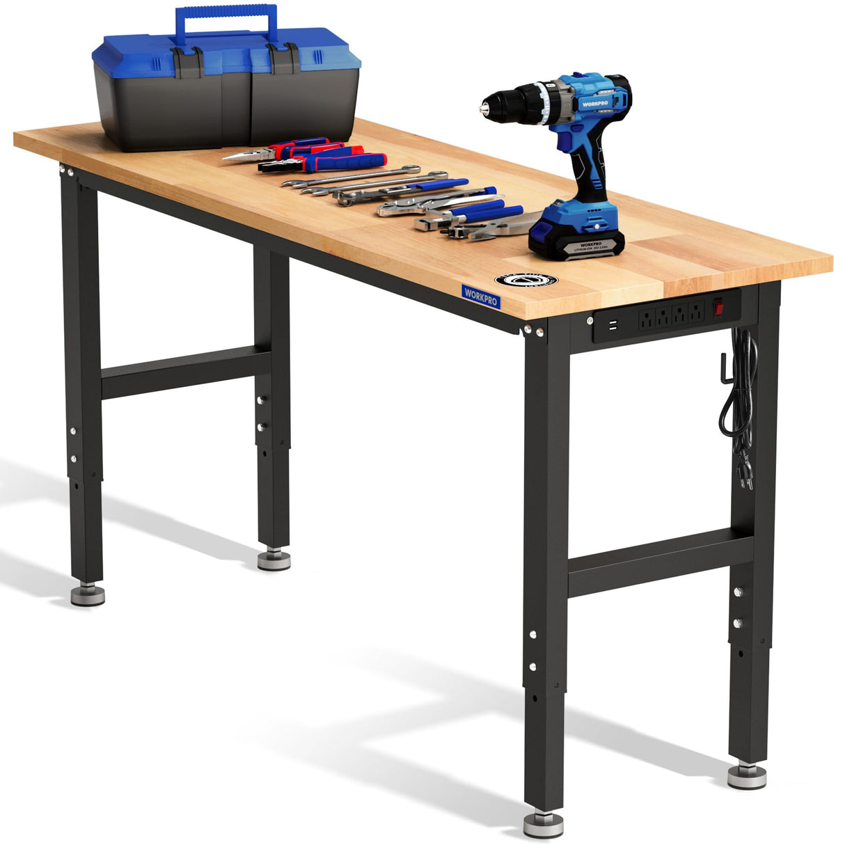 WORKPRO Adjustable Garage Workbench, 60x24 Rubber Wood Top Heavy-Duty Work Desk with Power Outlets, Leveling Foot, 5 Heights, 1500 LBS Load Capacity Work Benches for Garage, Workshop, Office, Home WORKPRO