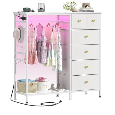 OtterOasis 47.2" White Dresser with Hanging Rack, 2 in 1 Bedroom 6 Drawers Dresser with LED Lights & Charging Station, Wooden Dressers with Fabric Drawers and Clothing Rack for Girls, Kids