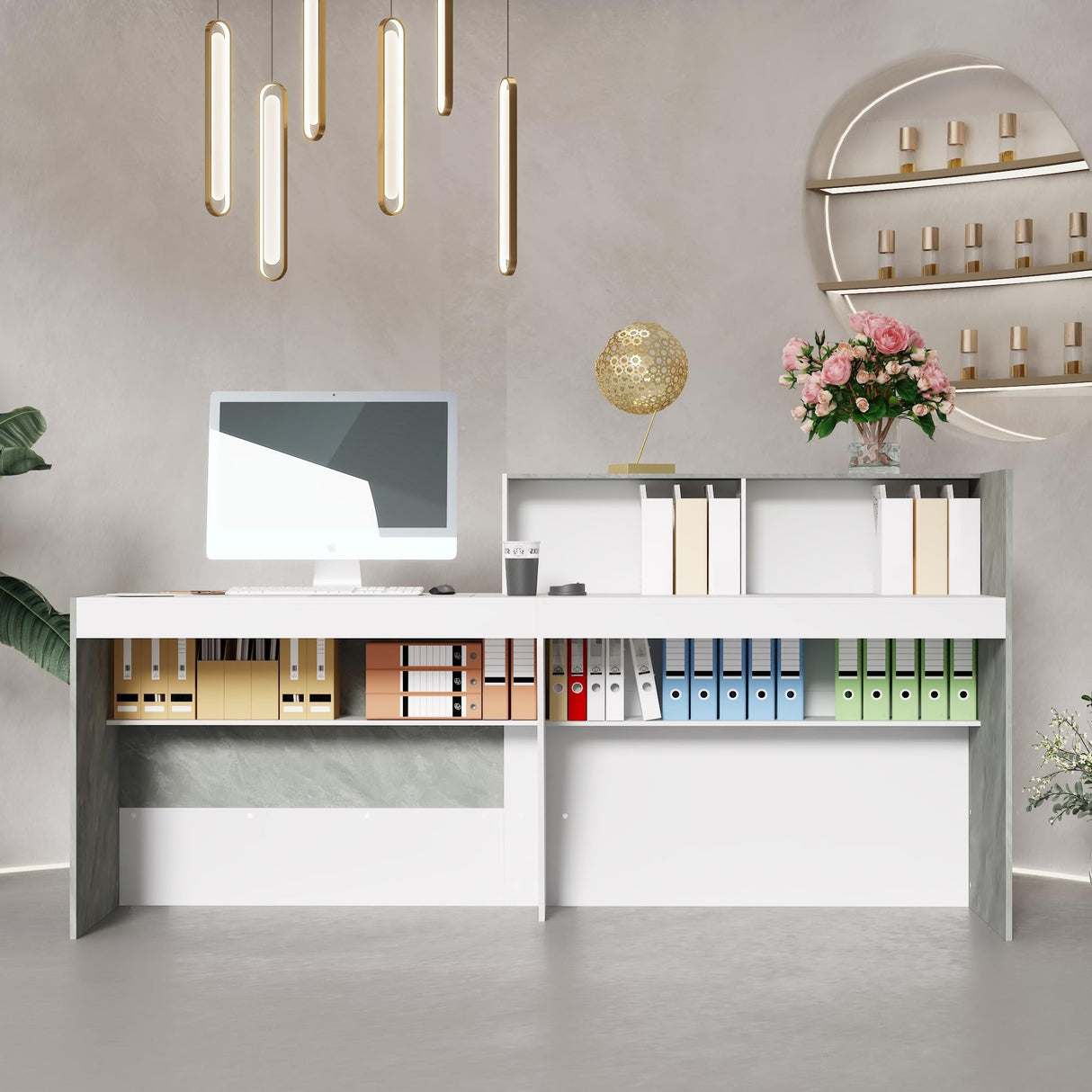 Homsee Modern Reception Desk Office Desk with Storage Shelves & Marble Texture, Retail Counter Front Desk Table for Checkout & Home Office, White & Grey Homsee