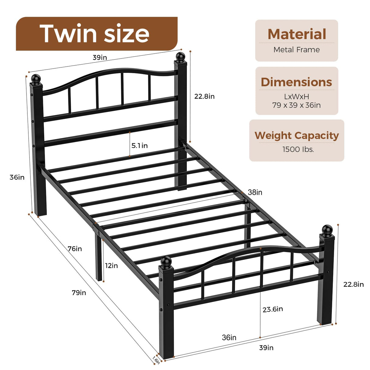 Blbeed Metal Twin Bed Frames, Noise-Free Design & Underbed Storage Heavy Duty Bed Frames with Headboard No Box Spring Needed/Tool-Free Assembly Blbeed
