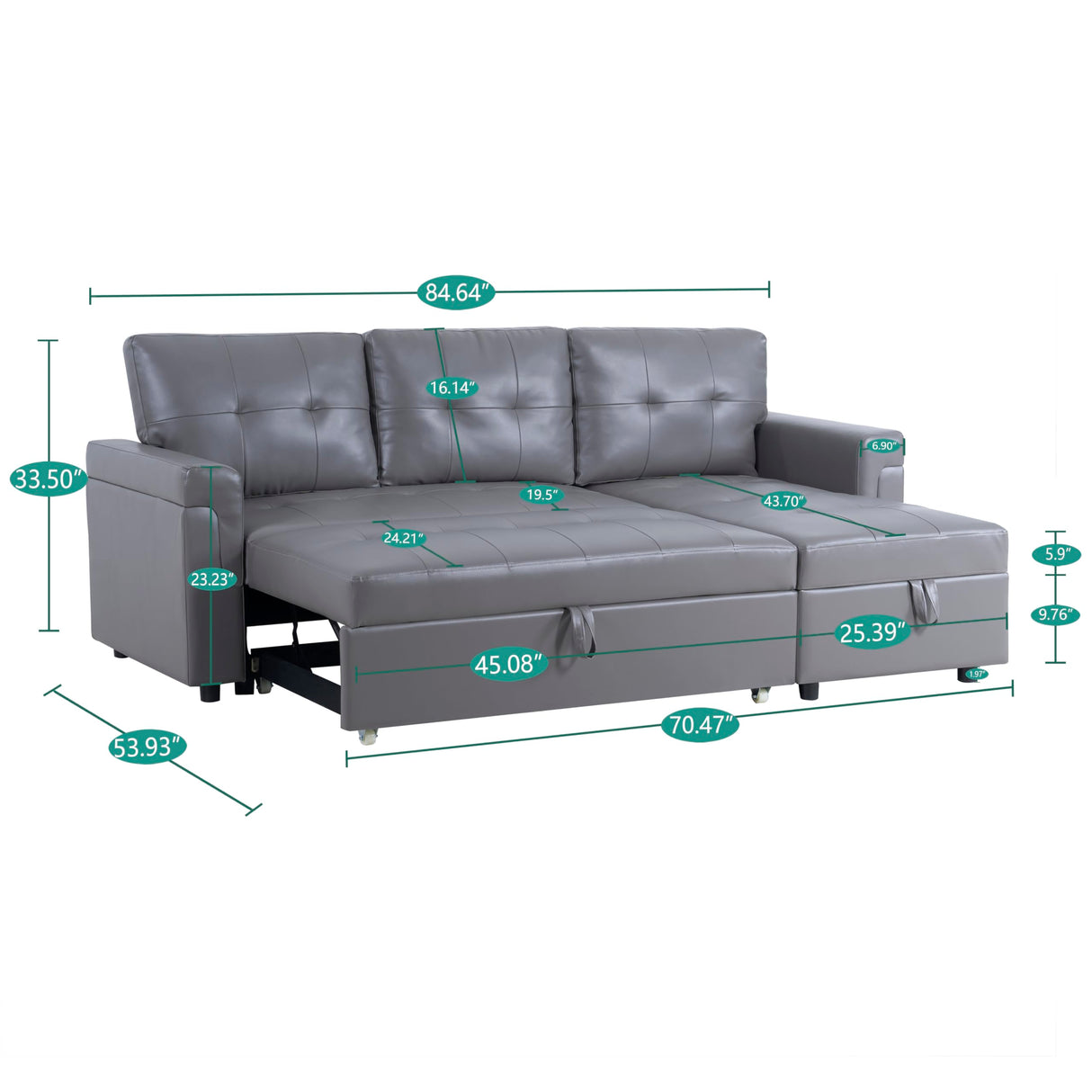 Naomi Home Jenny Sectional Sofa Sleeper with Storage Chaise, Tufted Pull Out Couch with Storage, Sectional Bed, L-Shaped Reversible Sleeper Sofa, Gray,Air Leather Naomi Home