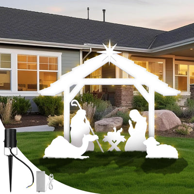 Wiwiqing 5.4 ft Outdoor Nativity Scene for Yard with LED Lights and Spotlights Weatherproof Nativity Sets with Sheep Camel for Christmas Family Lawns Outdoor Decor, Water Resistant PVC