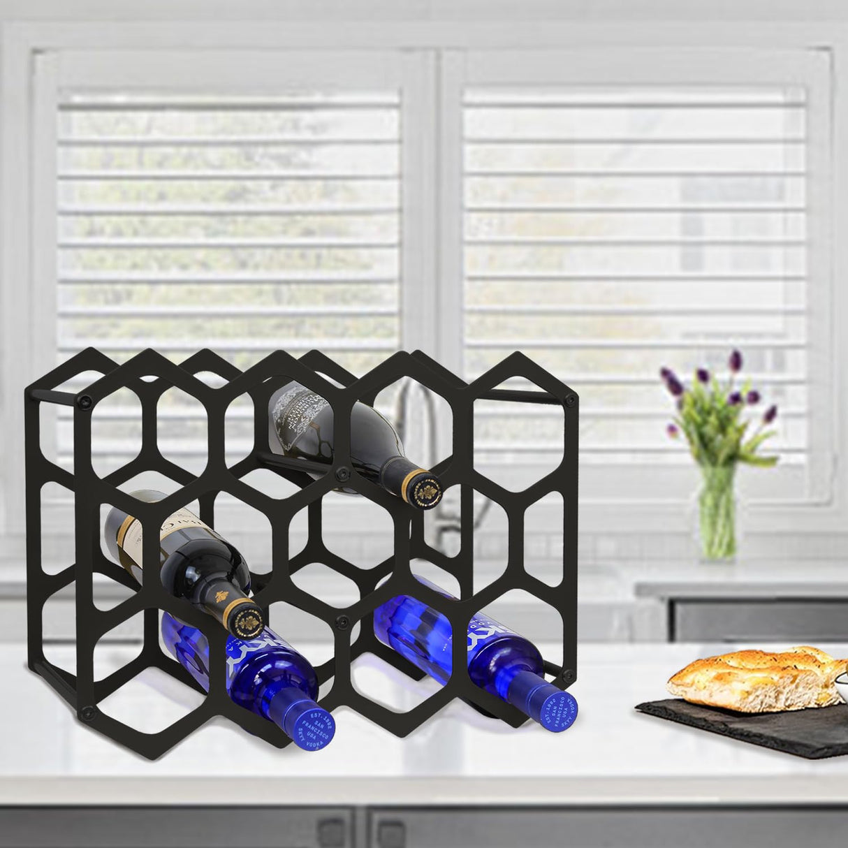 AT-VALY Countertop Wine Rack,Durable and Sturdy Freestanding 14 Bottle Wine Holder for Home Decor, Bar,Cabinet,Pantry (Black) AT-VALY
