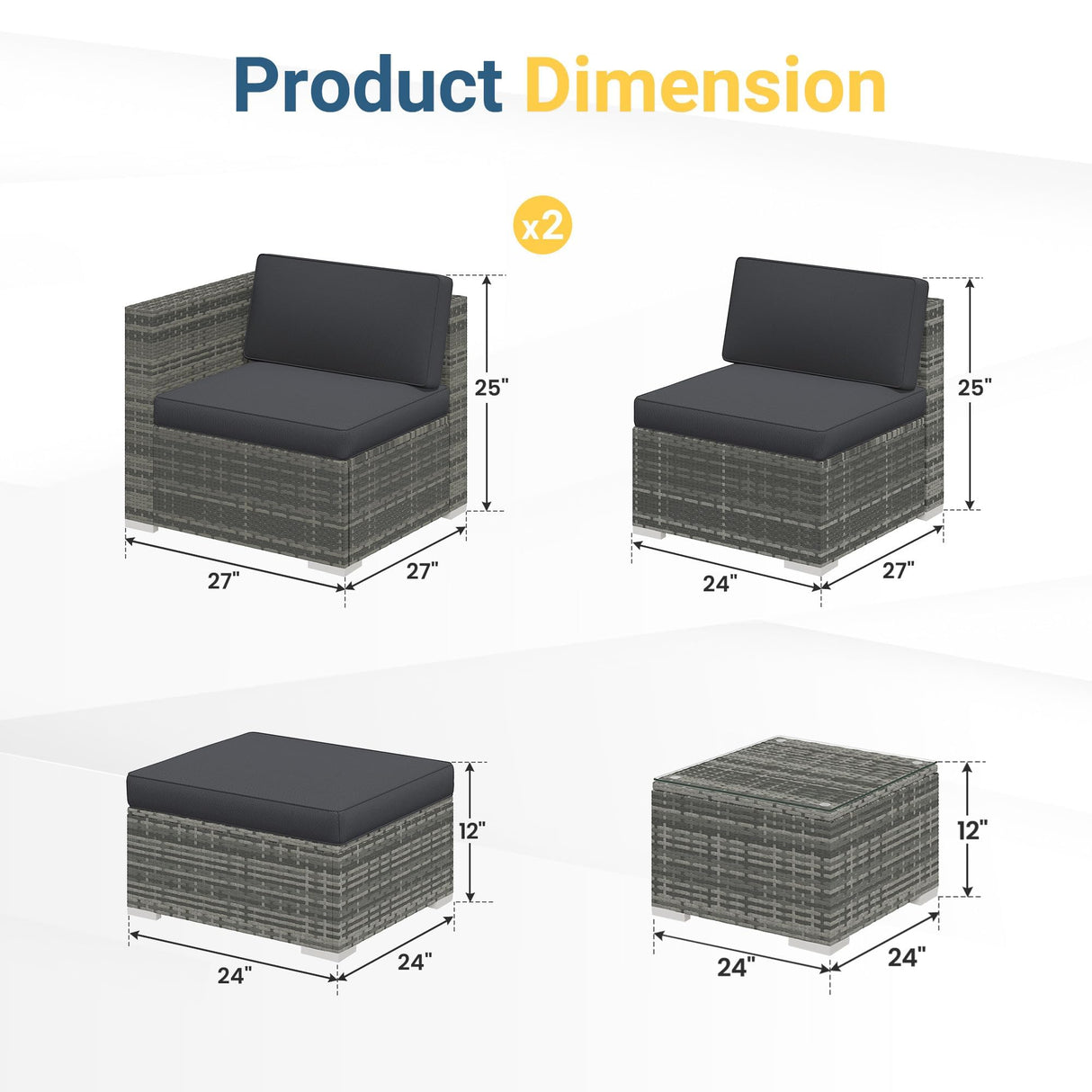 Wisteria Lane 5-Pieces Outdoor Patio Furniture Set, All Weather Wicker Rattan Sectional Sofa, Patio Conversation Set with Cushions & Glass Coffee Table for Backyard Porch Garden Balcony, Grey Wisteria Lane