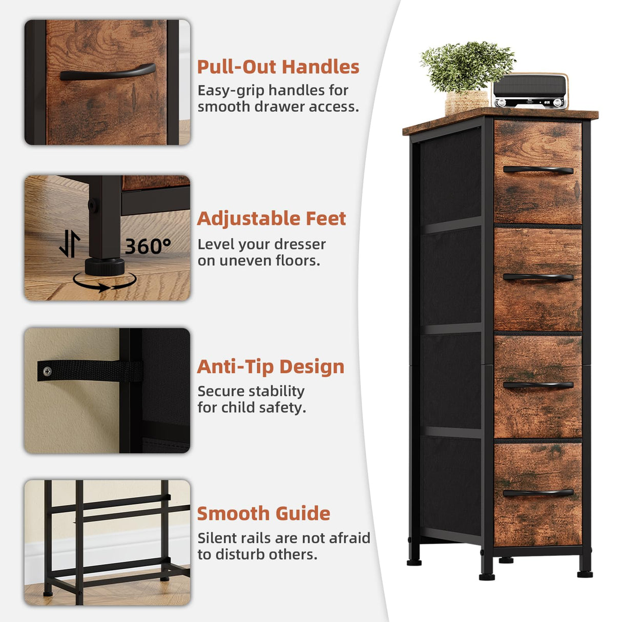Somdot Narrow Dresser with 4 Drawers, Slim Storage Organizer Chest of Drawers with Removable Fabric Drawers for Small Spaces Bathroom Closet Bedroom Laundry, Wood Grain Print Somdot