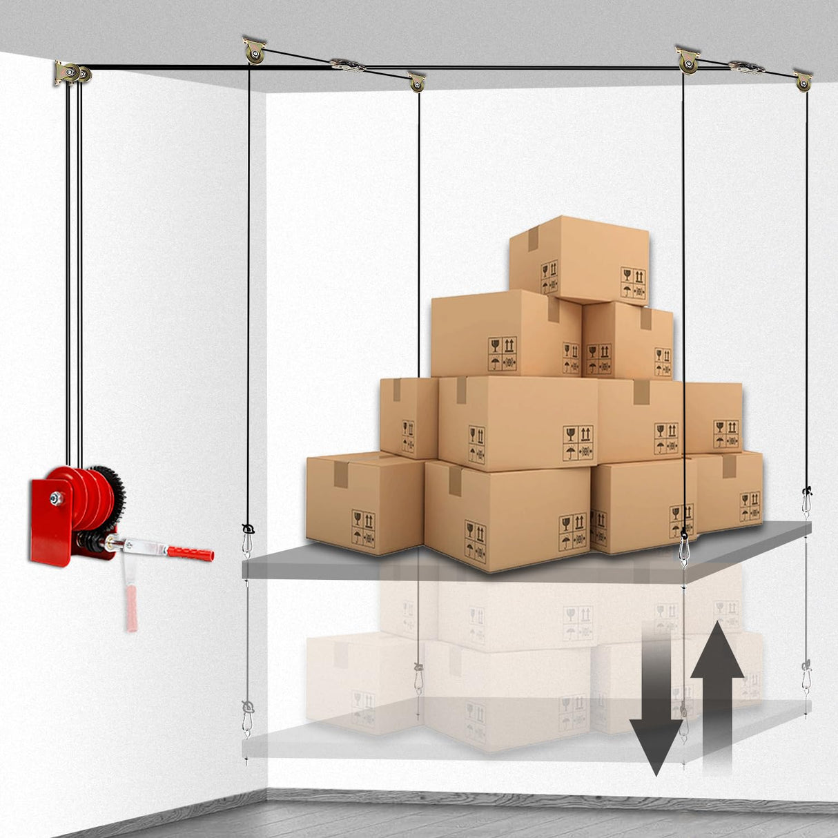 Overhead Garage Storage Lift Hoist, Heavy-duty Ceiling Mounted Garage Storage Lift System for Organization - Supports 8-16ft Ceilings, 300lbs Weight, Easy Installation & Operation (Deck Not Includ) DNShorix