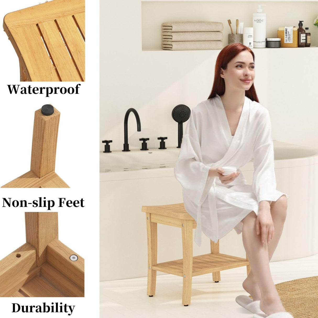 Yardgrace Teak Bathroom Stool, Waterproof Shower Bench with Storage Shelf, Spa Sauna Stool with Anti-Slip Feet, Durable Teak Wood Shower Bench Seat for Indoor or Outdoor Use Yardgrace