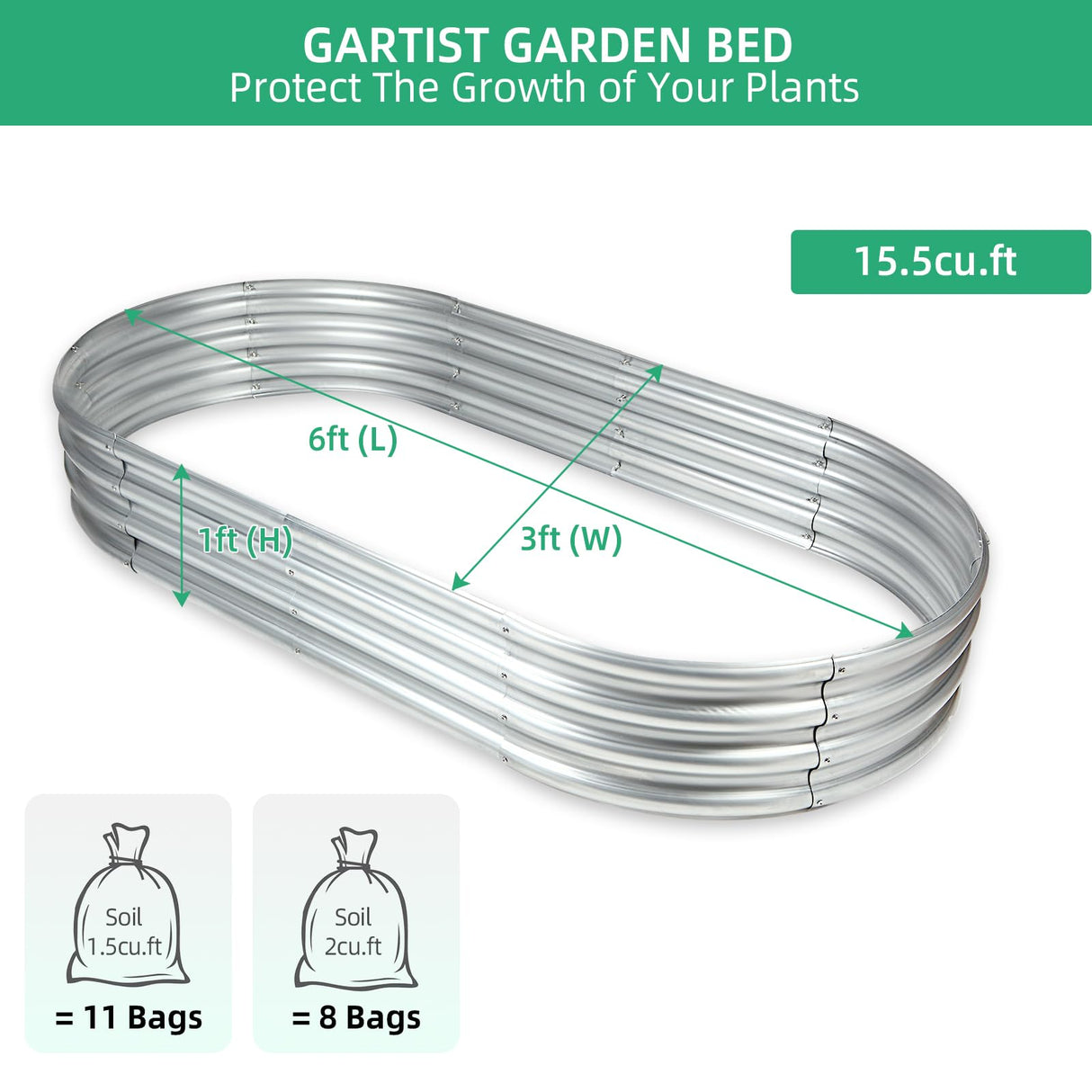 Gartist 6x3x1ft Thickening Galvanized Raised Garden Bed, Planter Box for Outdoor, Oval Larger Space Garden Bed Planter for Herbs, Vegetables, Fruits Gartist