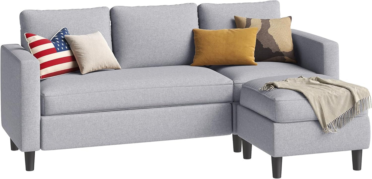 Shintenchi Small Sectional Couch Sofas, 3 Seat L Shape Sofa with Ottoman, Fabric Upholstered Convertible Sofa Couches, Small Couch for Apartments and Office (Light Grey) Shintenchi